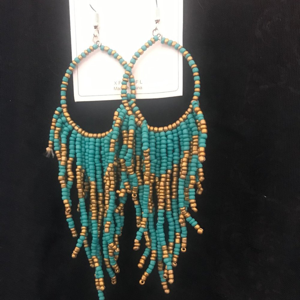 Gold and turquoise beaded hoops with beaded tassels